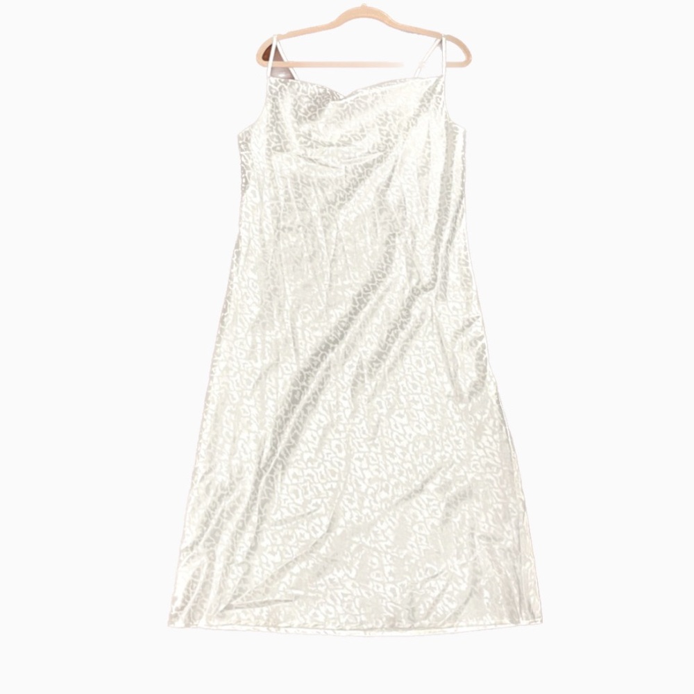 Cowl Neck White Satin Animal Print Midi Spaghetti Strap Dress Medium - NWT